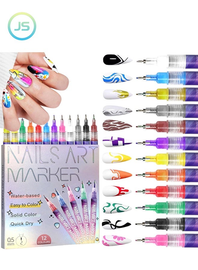 JS 12 Colors Nail Art Pens Set, 3D Nail Polish Pens, Quick-Drying Graffiti Dotting Acrylic Paint Pens, Point Liner Nail Art Markers Drawing Painting for Home & Salon Nail DIY - Image 1
